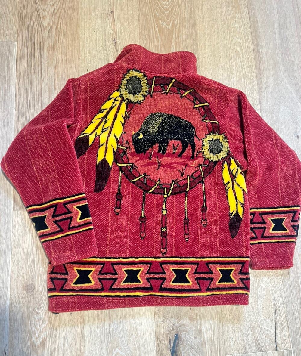 Vintage Black Mountain Outdoor Native American Fleece Zip Up Jacket Sz M Cozy